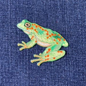 Könnte beinhalten: Grüne und orangefarbene gestickte Frosch-Applikation. Der Frosch sitzt auf einem blauen Jeans-Hintergrund.