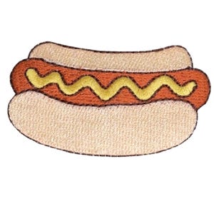 May include: Embroidered patch of a hot dog. The hot dog has a brown sausage, yellow mustard, and is nestled in a beige bun. The patch has a brown border and is on a white background.
