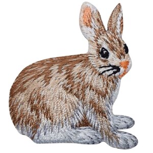 May include: Embroidered iron-on patch of a brown rabbit sitting with its ears up. The rabbit has a white belly and a fluffy tail.