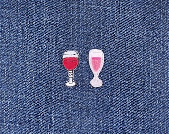 2-Pack Champagne & Wine Applique Patch Set - Mini Embroidered Rosé Winery Badge 1" (Iron On)