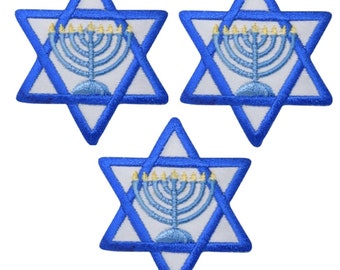 Écusson étoile de David - Menorah, judaïsme, Hanukkah 2" (3-Pack, Iron on)