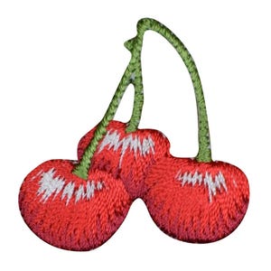 May include: Embroidered patch featuring two red cherries with white highlights and green stems. The patch has a textured appearance, with detailed stitching creating a realistic fruit design. Ideal for adding a touch of whimsy to clothing or accessories.