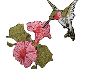 Hummingbird Applique Patch - Tropical Pink Flowers, Bird Badge 4.5" (Iron on)