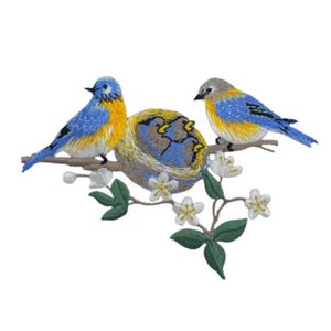 May include: An embroidered patch featuring two blue and yellow birds perched on a branch with a nest containing three small chicks. The design includes white flowers with yellow centers and green leaves on a brown branch against a white background.
