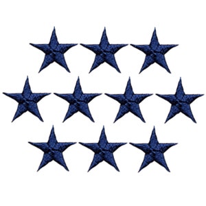 May include: Ten navy blue five-pointed stars arranged in three rows. The top row has three stars, the middle row has four stars, and the bottom row has three stars.