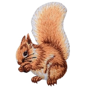 May include: Embroidered patch of a brown squirrel with a bushy tail, sitting on its haunches.