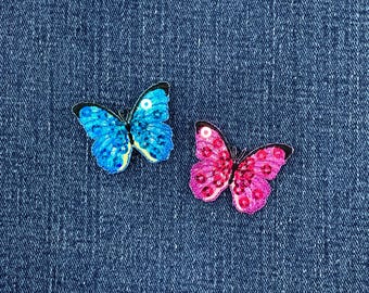 2-Pack Sequin Butterfly Applique Patch Set - Mini Pink & Blue Insect Badges 1.5" (Iron On)