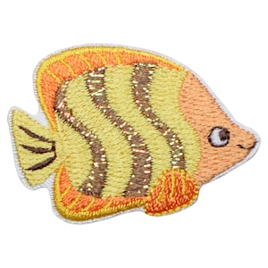 May include: Embroidered patch in the shape of a tropical fish. The fish features yellow and brown stripes, with orange and yellow accents. The patch has a white border and a friendly cartoon-like design.