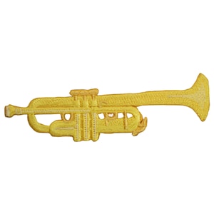 May include: A yellow embroidered patch depicting a trumpet. The trumpet is a musical instrument.