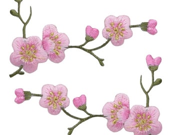 Cherry Blossom Applique Patch Set - Green Branch Pink Bloom Flower 3-1/8" (2-Pack, Iron on)