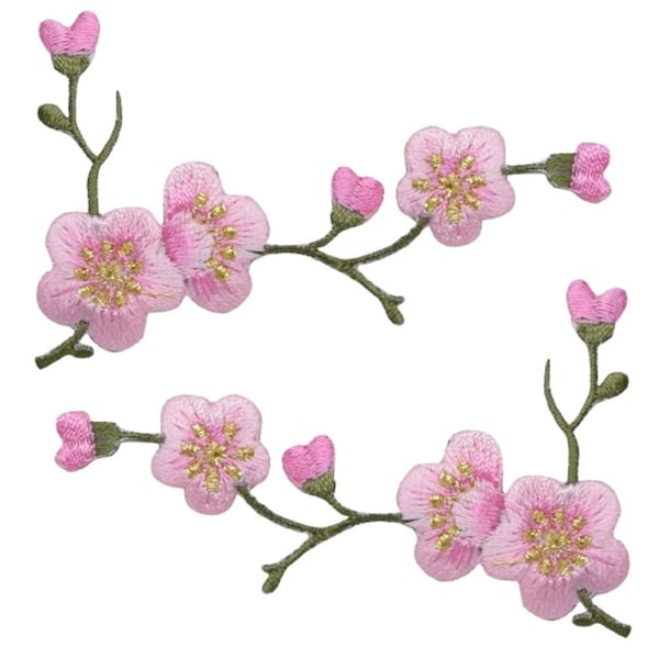 Cherry Blossom Applique Patch Set - Green Branch Pink Bloom Flower 3-1/8" (2-Pack, Iron on)