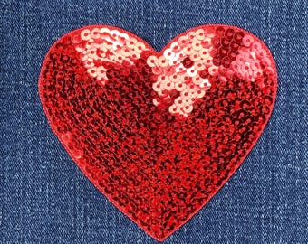 Extra Large Red Sequin Heart Applique Patch - Decorative Love Badge 4" (Iron On)