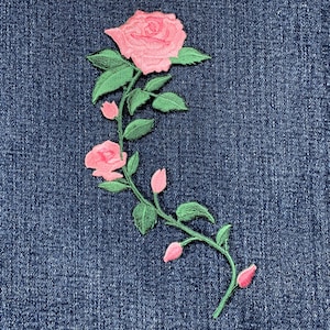 Large Pink Rose Applique Patch - Embroidered Flower Fashion & Gardening Badge 5.5" (Iron On)