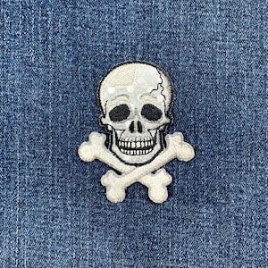 Silver Skull Crossbones Applique Patch - Shimmery Embroidered Skeleton Badge 2.75" (Iron On)