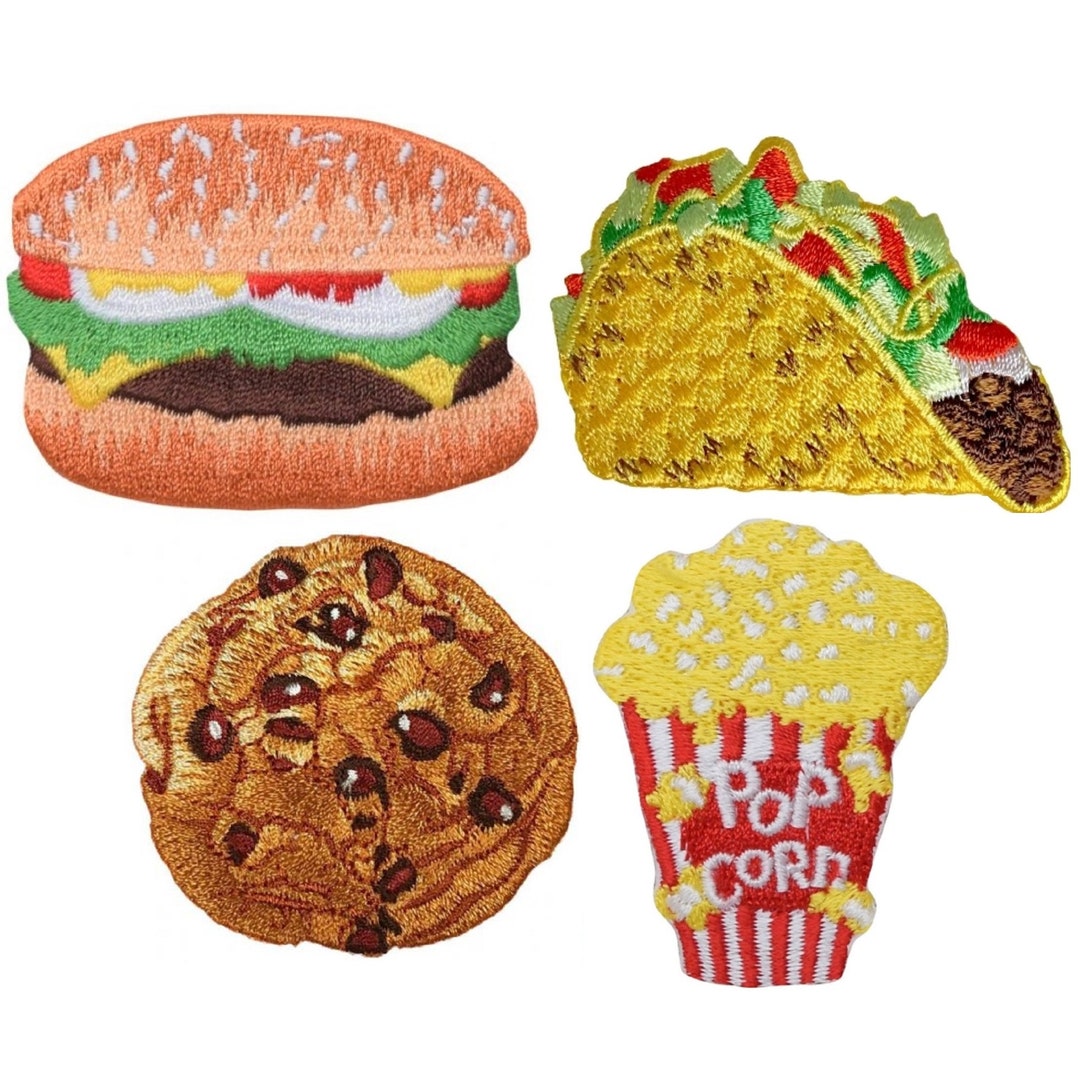 Fast Food & Snacks Applique Patch Set - Burger Popcorn Cookie Taco (4 ...