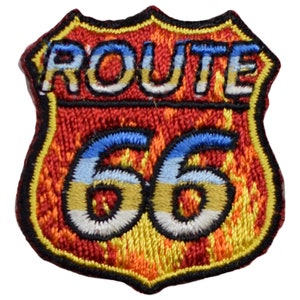 Mini Route 66 Patch - Fire Flames Biker Motorcycle Rt. 66 Badge 1.5" (Iron on)