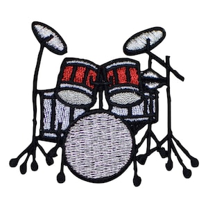 May include: Black and white embroidered patch of a drum set with red drums. The drum set includes a bass drum, two toms, and a snare drum. The patch is perfect for adding a musical touch to clothing, bags, or other accessories.