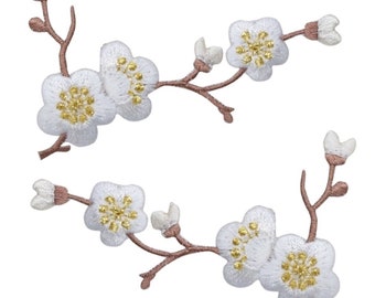 Cherry Blossom Applique Patch Set - Brown Branch White Bloom Flower 3-1/8" (2-Pack, Iron on)