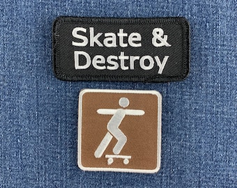 2-Pack Skateboarding Patch Set - Embroidered Skate And Destroy & Skatepark Sign Badges (Iron On)