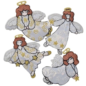 Könnte beinhalten: Vier weiße Filz-Engel-Ornamente mit goldenen Glitzer und braunen Haaren. Jeder Engel hält einen goldenen Stern.