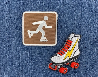 Inline- und Rollschuh-Aufnäher-Set – Bestickte Leuchtreklamen für Skaterbahnen und Wegeschilder (zum Aufbügeln)