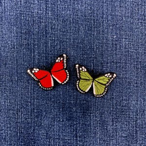 2-Pack Butterfly Applique Patch Set - Embroidered Red & Green Insect Badges 2" (Iron On)