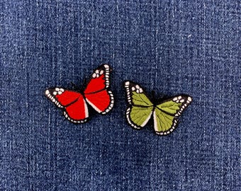 2-Pack Butterfly Applique Patch - Embroidered Red & Green Insect Badges 2" (Iron On)