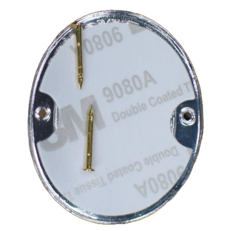 May include: A white oval sticker with the text "9080A Double Coated Tape" and the number "9080A" printed in black. The sticker is attached to a silver metal disc with two small gold tacks.
