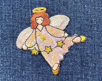 Angel & Stars Applique Patch - Shimmery Embroidered Badge 2.5" (Iron on)