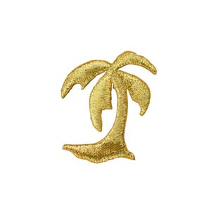 May include: Gold embroidered palm tree patch. The patch features a detailed design of a palm tree with a curved trunk and multiple fronds. The patch is made of gold thread and has a textured appearance. The patch is likely designed to be ironed or sewn onto fabric.