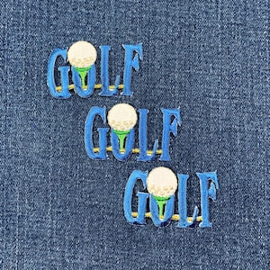3-Pack Blue Golf Word Applique Patch - Embroidered Tee & Ball Badge 2" (Iron On)