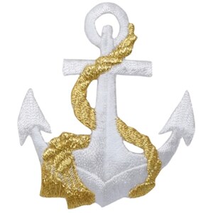 May include: Embroidered white anchor patch with gold rope detail. The nautical-themed patch features a classic anchor design, perfect for adding a maritime touch to clothing, bags, or accessories. Ideal for DIY projects and personalization.