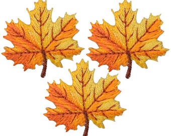 3-Pack Mini Leaf Applique Patch - Embroidered Orange & Yellow Fall Autumn Badge (Iron On)