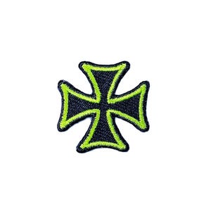 May include: Black and neon green embroidered patch in the shape of a Maltese cross. The cross has a black background with neon green outlining the edges. The patch is on a white background.