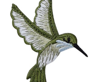 Hummingbird Applique Patch - Green, White, Bird Badge 2-3/8" (Iron on)