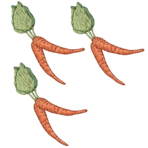 May include: Three embroidered carrot patches with green tops. The carrots are orange and the tops are green.