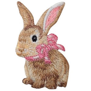 May include: Embroidered brown bunny rabbit with a pink bow. The bunny is sitting with its ears up and its head tilted to the side.