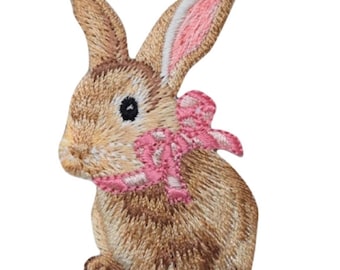 Bunny Rabbit Applique Patch - Baby Cottontail, Pink Bow 2-3/8" (Iron on)