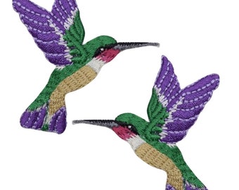 Hummingbird Applique Patch - Purple/Green Bird Badge 2-1/8" (2-Pack or Sold Individually, Iron on)