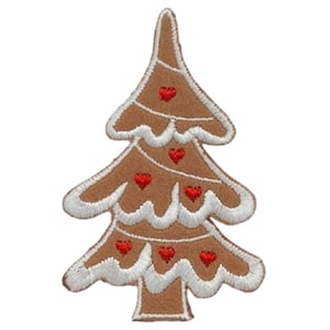 May include: Embroidered Christmas tree patch in brown with white frosting details and red heart accents. The tree shape is a festive design for holiday-themed crafts and apparel.