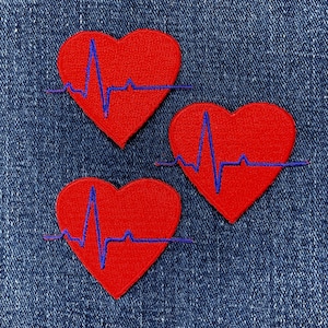 3-Pack Heart EKG Applique Patch - Embroidered Doctor & Nurse Medical Badge 2" (Iron On)