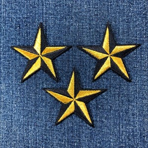 ノーティカルスターアップリケパッチ 3枚パック：ゴールド＆ブラック刺繍アイロン接着 2インチ
