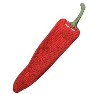 May include: A red chili pepper with a green stem. The chili pepper is embroidered with red thread and the stem is embroidered with green thread.