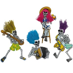 May include: Four skeleton figures with different hairstyles and clothing playing musical instruments. The skeleton on the left is playing a guitar, the skeleton in the middle is playing an accordion, the skeleton on the right is playing a saxophone, and the skeleton in the back is sitting on a stool with a drink in their hand.