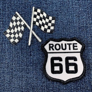 2-Pack Route 66 & Checkered Flags Patch Set - Embroidered Racing Badges (Iron On)