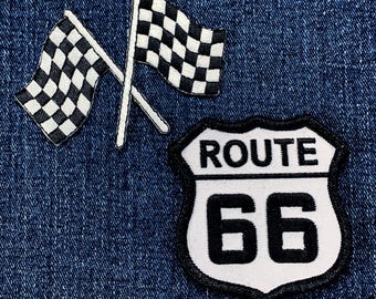 2-Pack Route 66 & Checkered Flags Patch Set - Embroidered Racing Badges (Iron On)