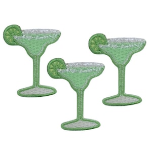 May include: Three green embroidered iron-on patches of margarita glasses with lime wedges.