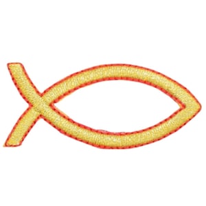 May include: A gold and red embroidered fish symbol, also known as the Ichthys symbol.