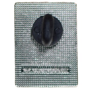 May include: The reverse side of a rectangular pin with a textured, silver surface. A black, rounded post is attached for securing the pin. The pin's surface has the text "BA RIVERSED" printed on it.