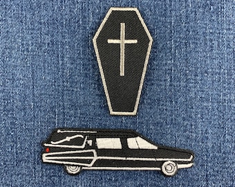 2-Pack Funeral Patch Set - Embroidered Hearse Mortuary Casket Badge 3.75" (Iron On)